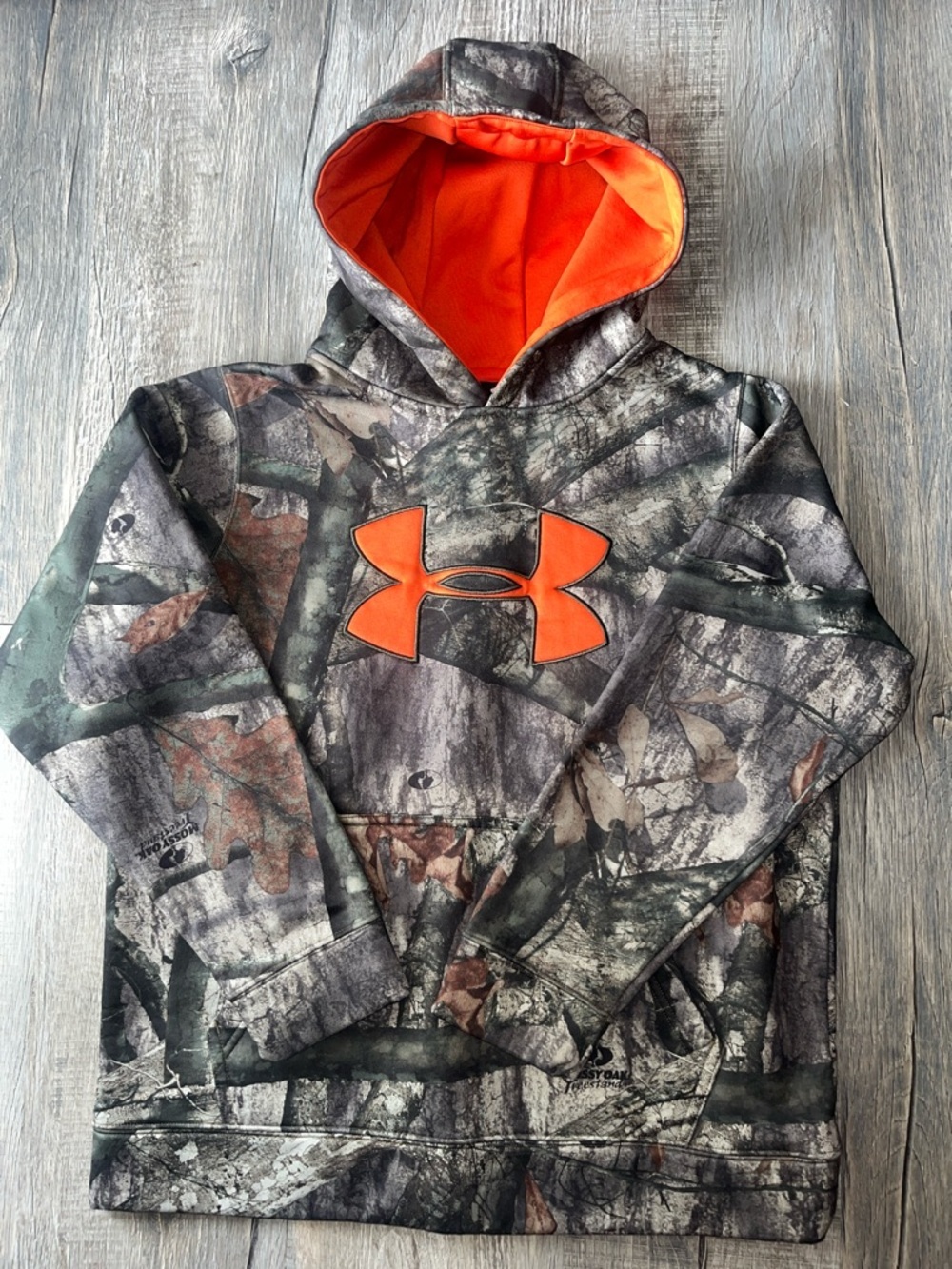 Under Armour Mossy Oak Treestand Green Camo Pullover Hoodie Sweatshirt Youth L
